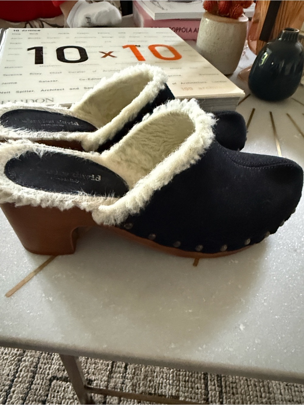 Charles David  Black Suede-Look Clog Mules with Cream Shearling Trim